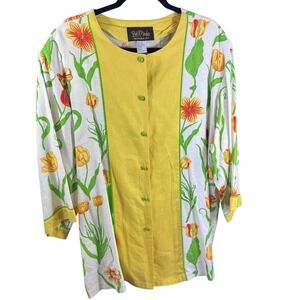 Bob Mackie Wearable Art Jacket‎ Womens 2XL Yellow Floral Linen Rayon Button Up